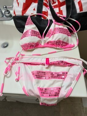 Victoria’s Secret pink & white stripe Sequin  Triangle Bikini 2- piece